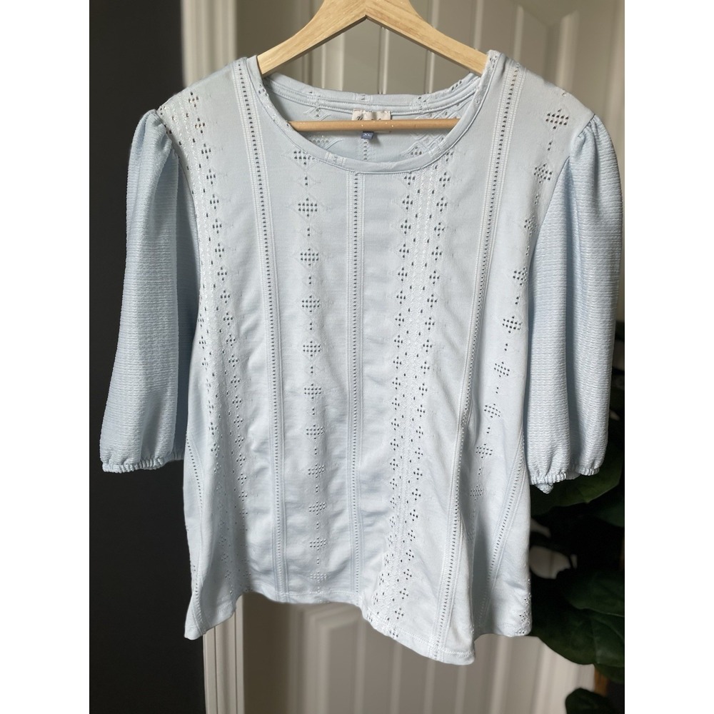 Yarn & Sea Eyelet Puff Sleeve Pullover Blouse XL Blue Round Neck S/S